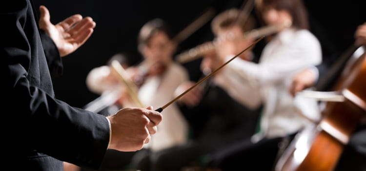 a conductor holds his baton in front of a string orchestra