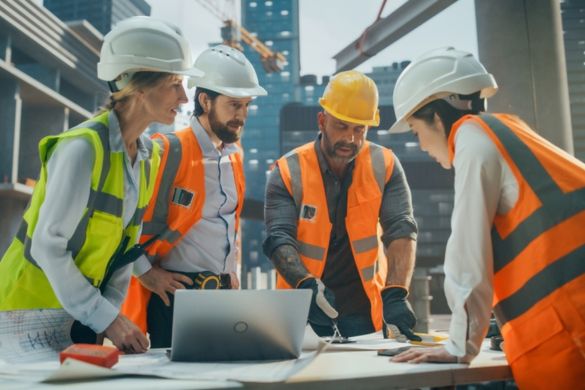 construction workers on a job site in a city